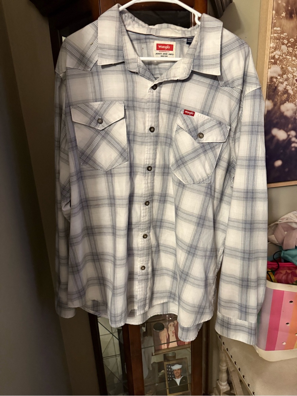 Bundle Wrangler, Chaps Men's White & Blue Plaid Casual Button-Down Shirts - Picture 2 of 4
